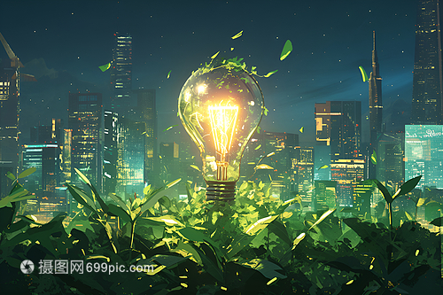 點(diǎn)亮未來(lái) 綠色能源燈泡插畫(huà)中的環(huán)保科技之光